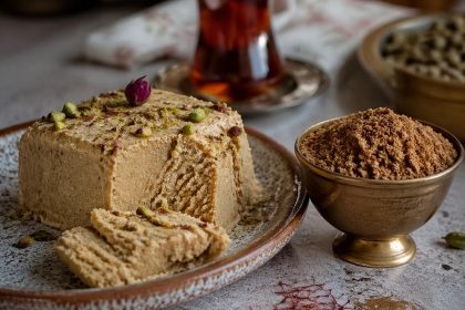 میز صبحانه با شکر قهوه ای در کنار حلو ارده و چای